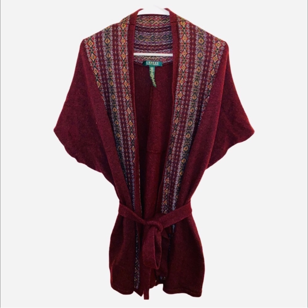 RALPH LAUREN Burgundy Fair Isle Wrap Poncho Sweater Size S/M